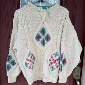 Women’s Cream Cable Knit Sweater with Teal & Red Diamond Motif